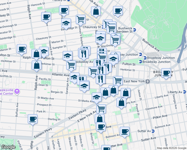 map of restaurants, bars, coffee shops, grocery stores, and more near 19 Marconi Place in Brooklyn
