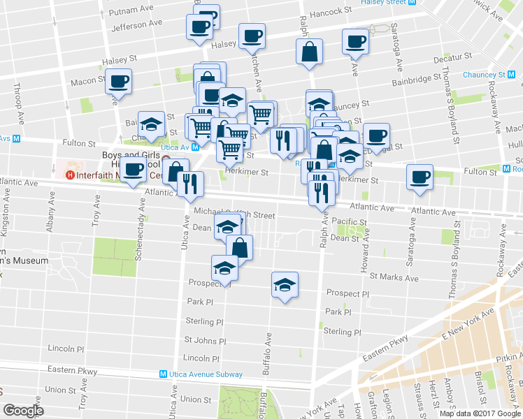 map of restaurants, bars, coffee shops, grocery stores, and more near 1908 Atlantic Avenue in Brooklyn