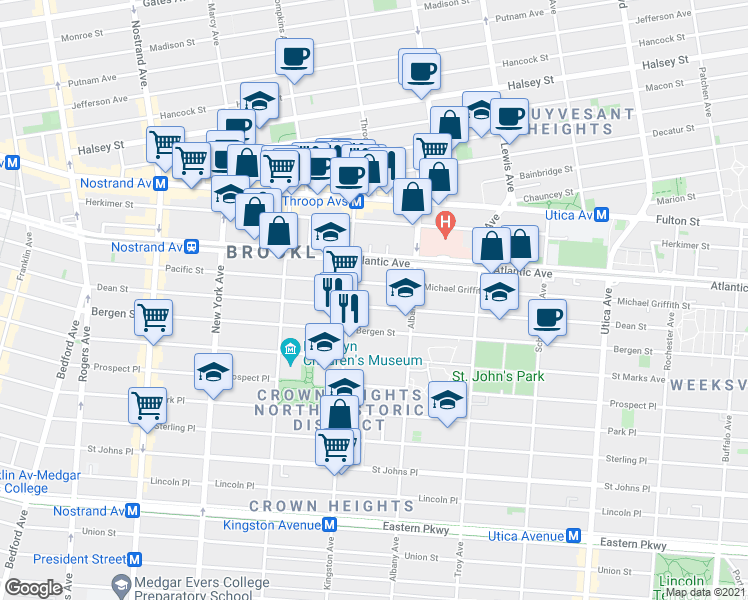 map of restaurants, bars, coffee shops, grocery stores, and more near 1474 Pacific Street in Brooklyn