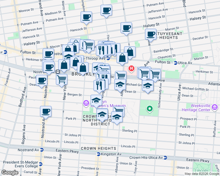 map of restaurants, bars, coffee shops, grocery stores, and more near 1474 Pacific Street in Brooklyn
