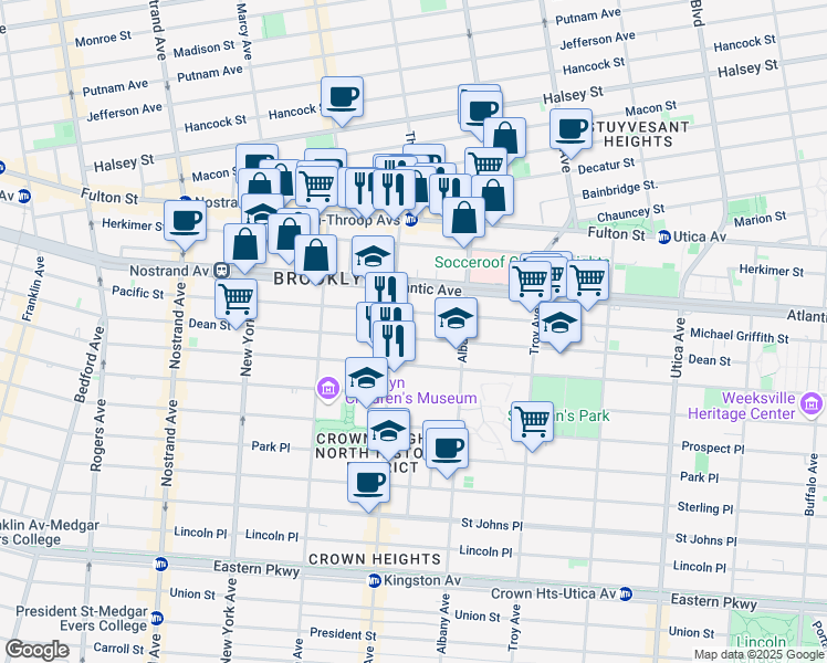 map of restaurants, bars, coffee shops, grocery stores, and more near 1474 Pacific Street in Brooklyn