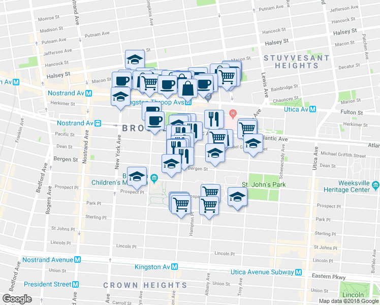 map of restaurants, bars, coffee shops, grocery stores, and more near 1474 Pacific Street in Brooklyn
