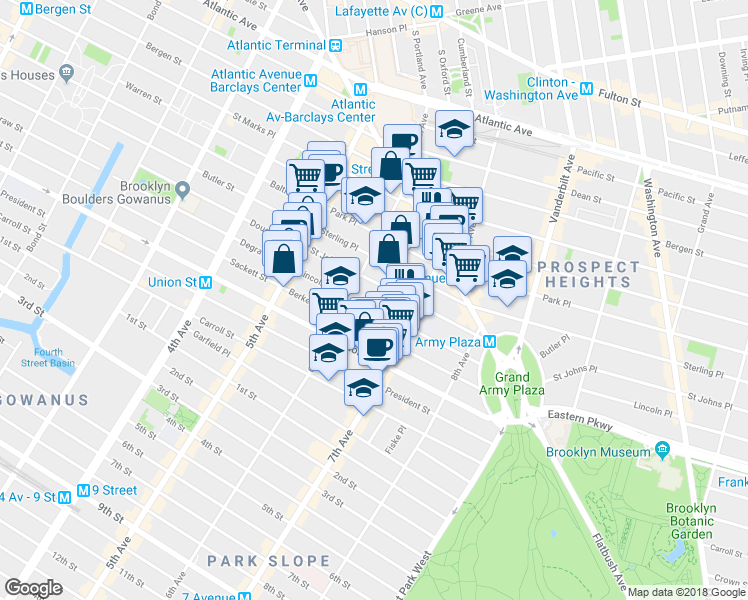 map of restaurants, bars, coffee shops, grocery stores, and more near 119 Saint Johns Place in Brooklyn
