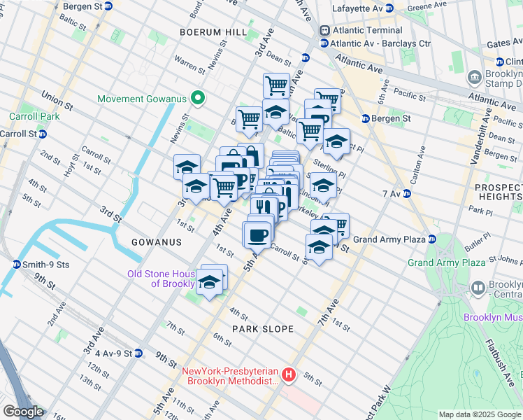 map of restaurants, bars, coffee shops, grocery stores, and more near 208 5th Avenue in Brooklyn