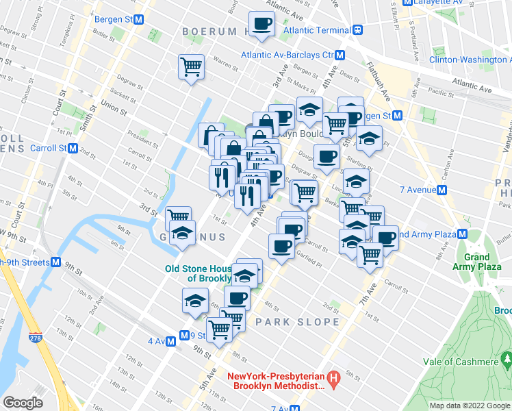 map of restaurants, bars, coffee shops, grocery stores, and more near 564 President Street in Brooklyn
