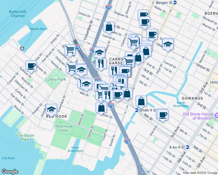 map of restaurants, bars, coffee shops, grocery stores, and more near Hamilton Avenue in Brooklyn