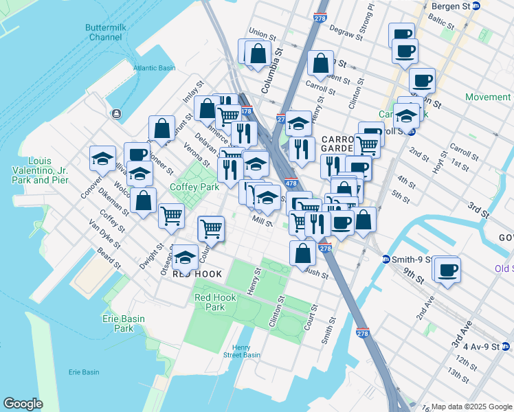 map of restaurants, bars, coffee shops, grocery stores, and more near 56 Huntington Street in Brooklyn