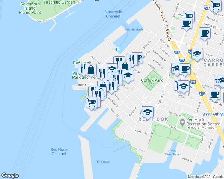 map of restaurants, bars, coffee shops, grocery stores, and more near 129 Dikeman Street in Brooklyn