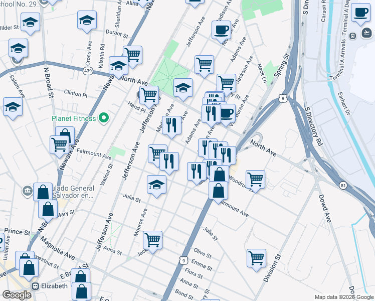 map of restaurants, bars, coffee shops, grocery stores, and more near 1057 Louisa Street in Elizabeth