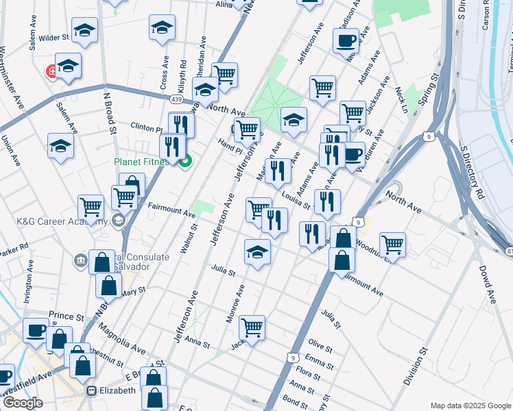 map of restaurants, bars, coffee shops, grocery stores, and more near 647 Madison Avenue in Elizabeth
