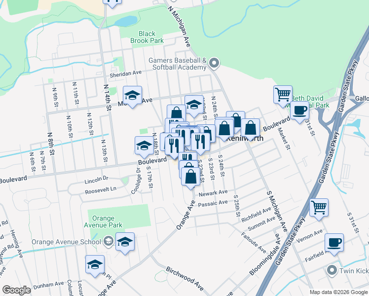 map of restaurants, bars, coffee shops, grocery stores, and more near in Kenilworth