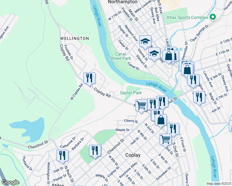 map of restaurants, bars, coffee shops, grocery stores, and more near 5110 Saylor Park Drive in Lehigh County
