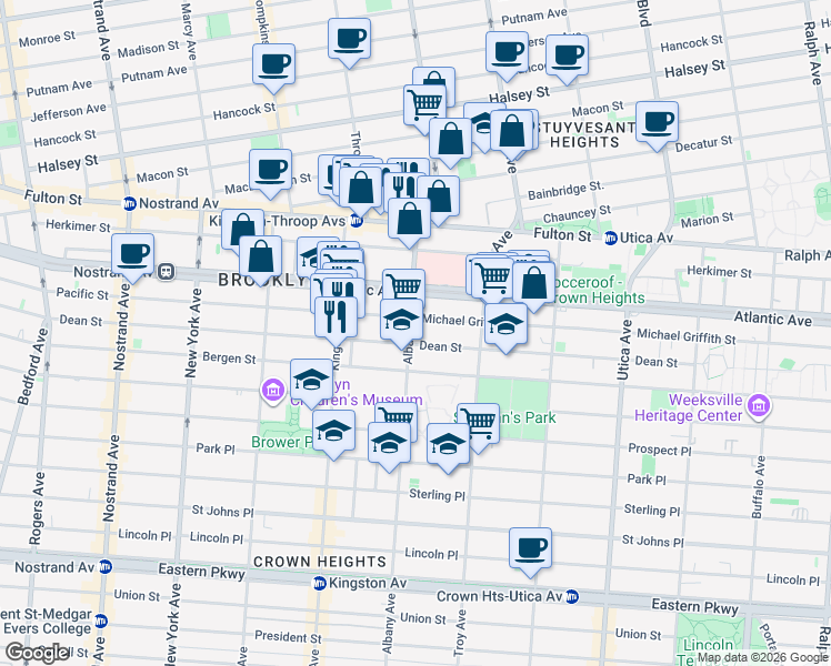 map of restaurants, bars, coffee shops, grocery stores, and more near 119 Albany Avenue in Brooklyn