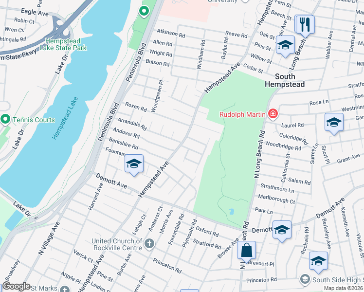map of restaurants, bars, coffee shops, grocery stores, and more near 3 Richmond Road in Rockville Centre