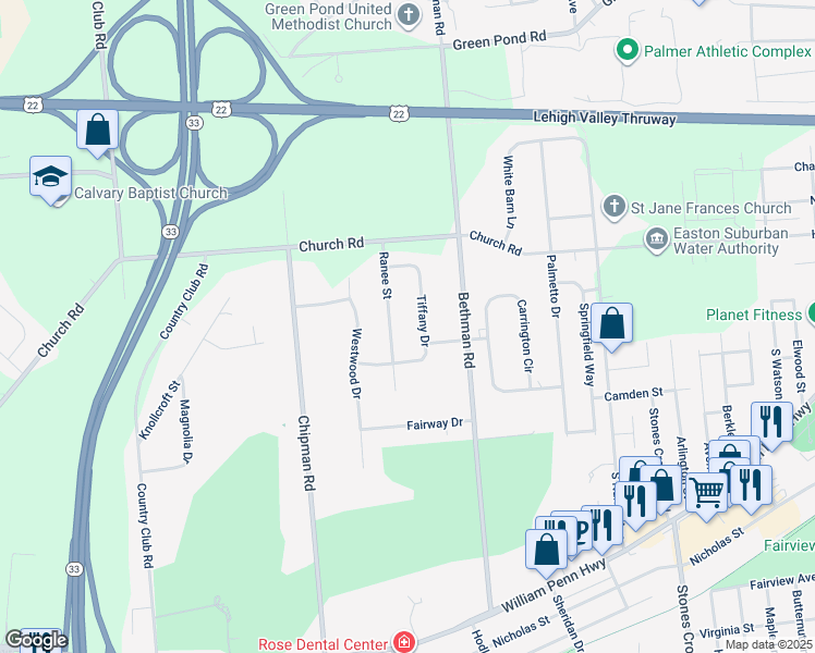 map of restaurants, bars, coffee shops, grocery stores, and more near 3737 Tiffany Drive in Easton
