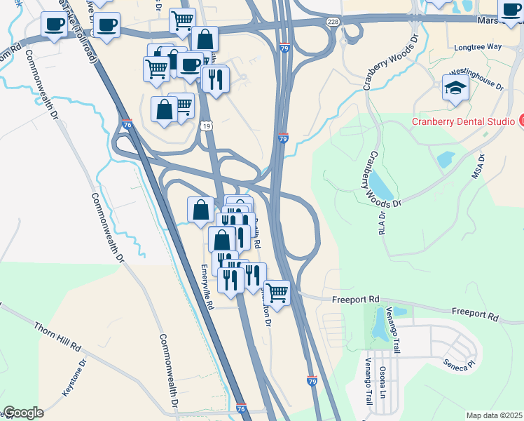 map of restaurants, bars, coffee shops, grocery stores, and more near 1205 Dutilh Road in Cranberry Township