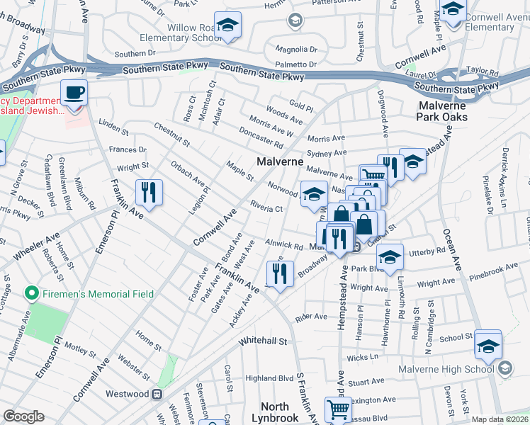 map of restaurants, bars, coffee shops, grocery stores, and more near 57 Riveria Court in Malverne