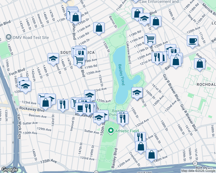map of restaurants, bars, coffee shops, grocery stores, and more near 153-12 122nd Avenue in Queens