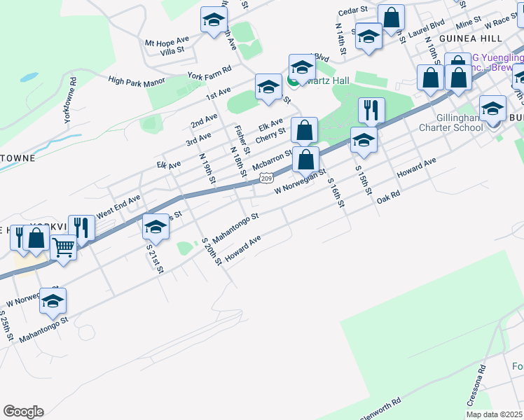 map of restaurants, bars, coffee shops, grocery stores, and more near 1808 Mahantongo Street in Pottsville