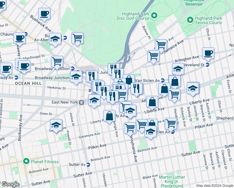 map of restaurants, bars, coffee shops, grocery stores, and more near 41 Sheffield Avenue in Brooklyn