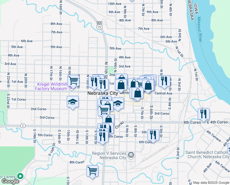 map of restaurants, bars, coffee shops, grocery stores, and more near in Nebraska City