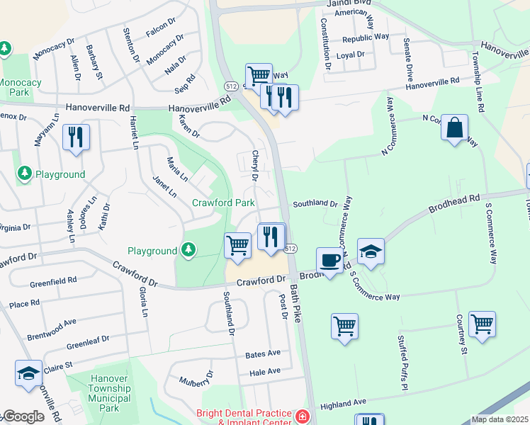 map of restaurants, bars, coffee shops, grocery stores, and more near 4502 Cheryl Drive in Bethlehem