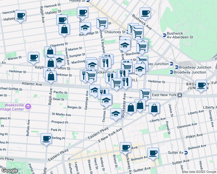 map of restaurants, bars, coffee shops, grocery stores, and more near 2025 Atlantic Avenue in Brooklyn