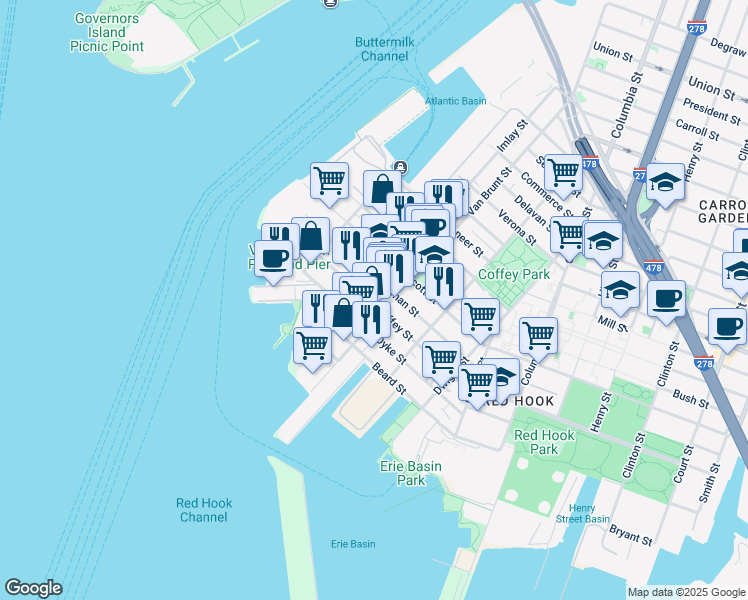 map of restaurants, bars, coffee shops, grocery stores, and more near 129 Dikeman Street in Brooklyn