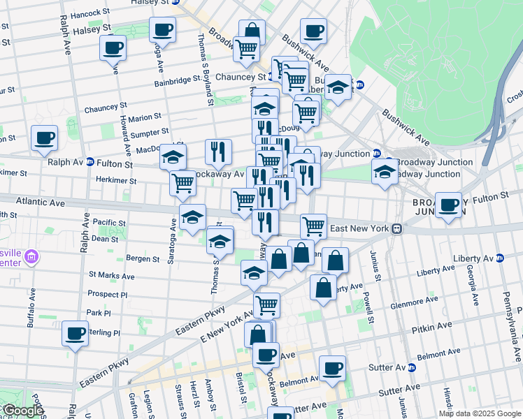map of restaurants, bars, coffee shops, grocery stores, and more near 180 Rockaway Avenue in Brooklyn