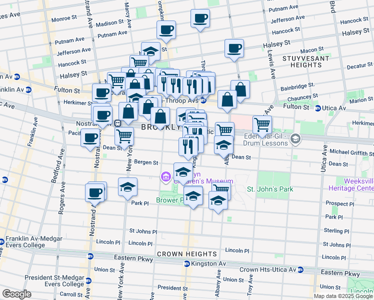 map of restaurants, bars, coffee shops, grocery stores, and more near 1401 Dean Street in Brooklyn