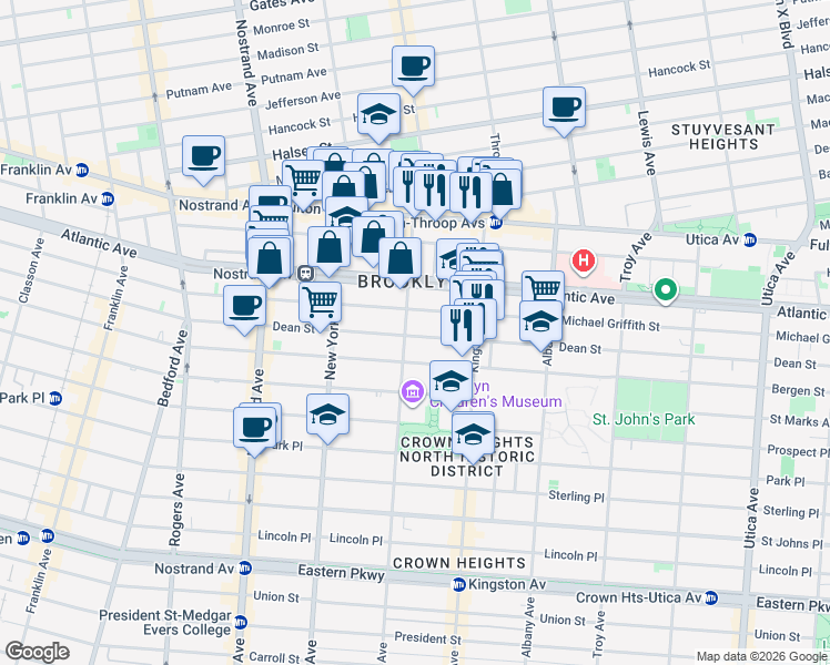 map of restaurants, bars, coffee shops, grocery stores, and more near 1402 Pacific Street in Brooklyn
