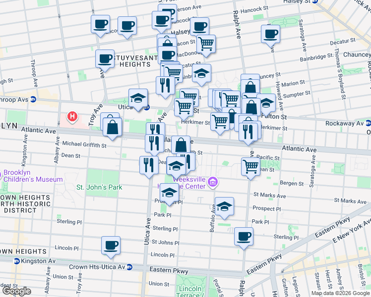 map of restaurants, bars, coffee shops, grocery stores, and more near 71 Rochester Avenue in Brooklyn