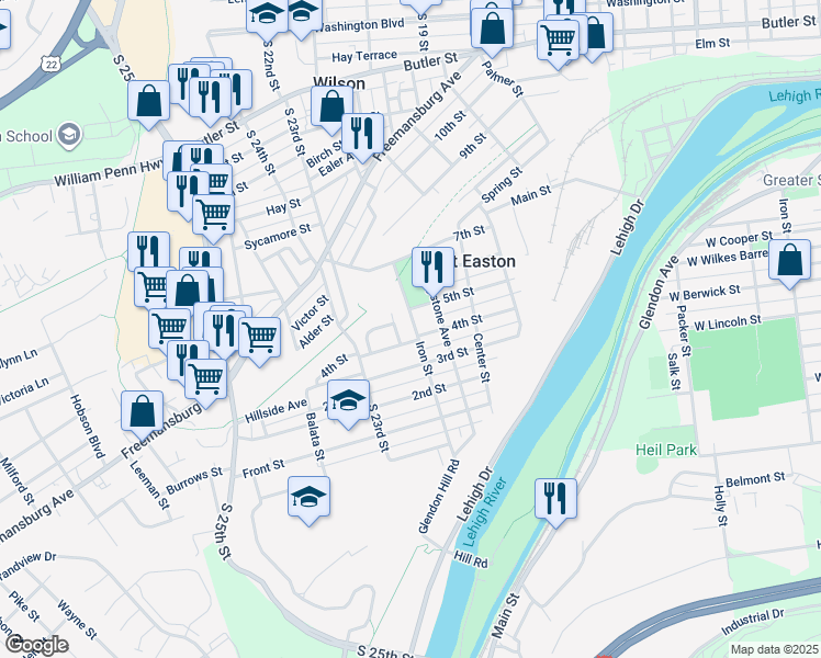 map of restaurants, bars, coffee shops, grocery stores, and more near 421 Iron Street in Easton