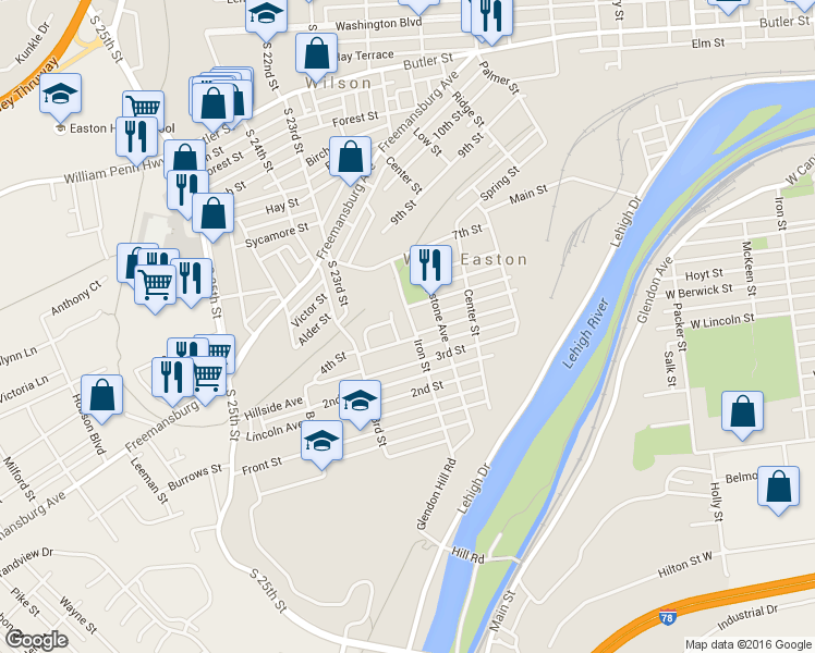 map of restaurants, bars, coffee shops, grocery stores, and more near 421 Iron Street in Easton