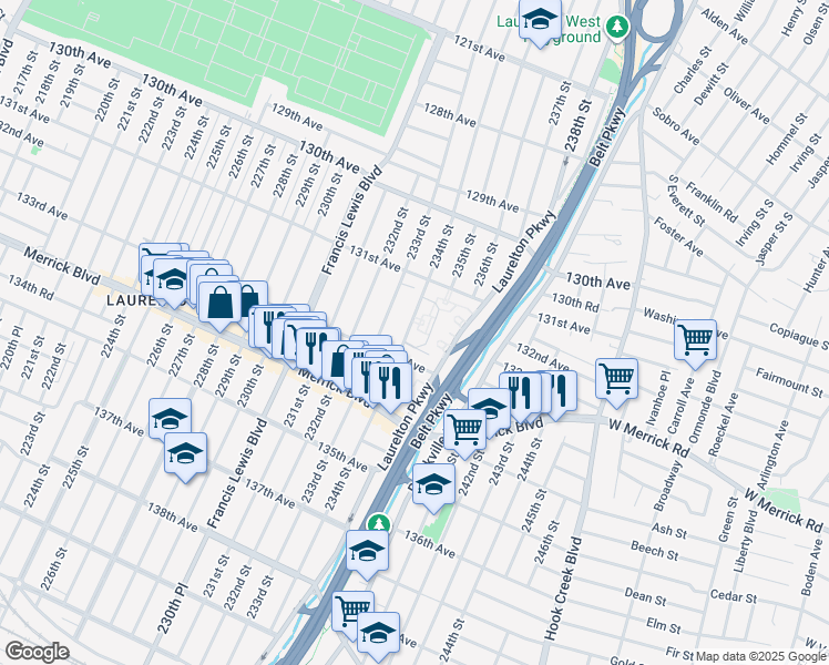 map of restaurants, bars, coffee shops, grocery stores, and more near 131-39 234th Street in Queens