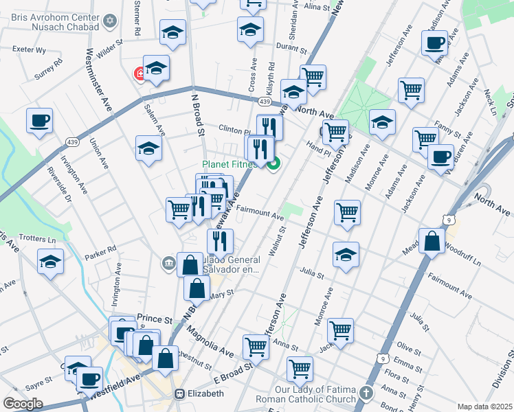 map of restaurants, bars, coffee shops, grocery stores, and more near 611-613 Newark Avenue in Elizabeth