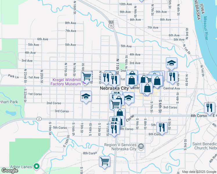 map of restaurants, bars, coffee shops, grocery stores, and more near 101 North 12th Street in Nebraska City