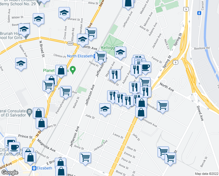 map of restaurants, bars, coffee shops, grocery stores, and more near 650 Monroe Avenue in Elizabeth