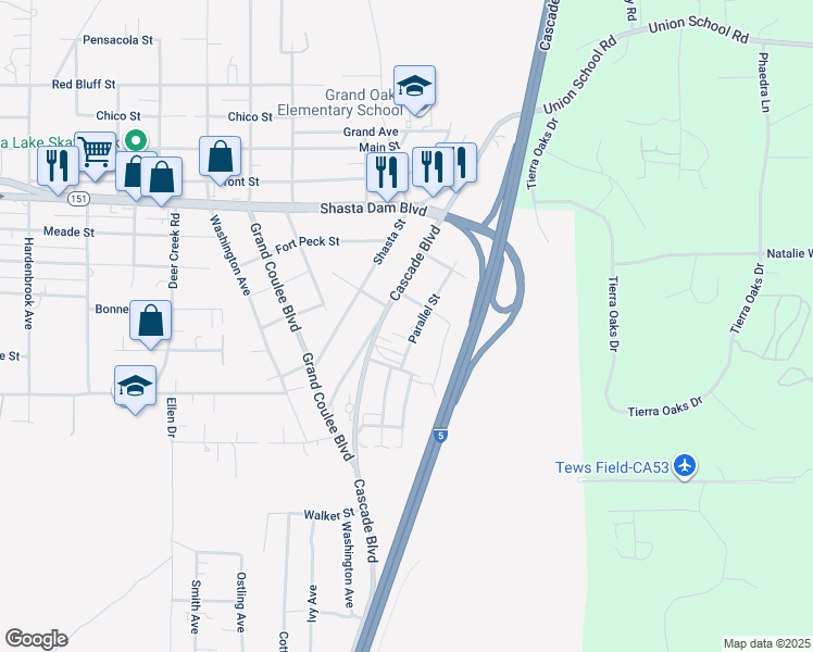 map of restaurants, bars, coffee shops, grocery stores, and more near 5336 3rd Street in Shasta Lake