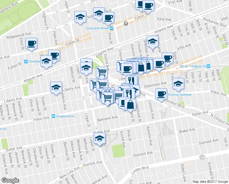 map of restaurants, bars, coffee shops, grocery stores, and more near 1029 Glenmore Avenue in Brooklyn