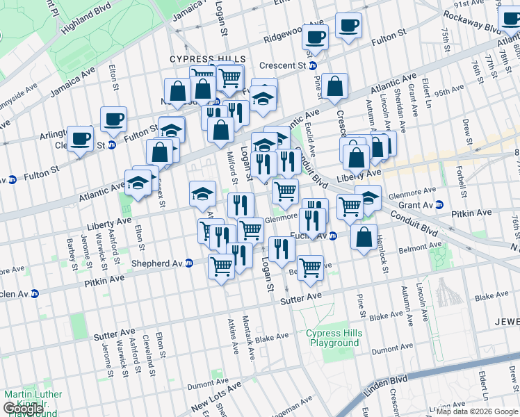 map of restaurants, bars, coffee shops, grocery stores, and more near 381 Logan Street in Brooklyn