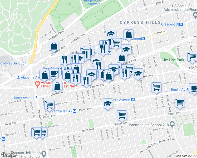 map of restaurants, bars, coffee shops, grocery stores, and more near 2900 Atlantic Avenue in Brooklyn