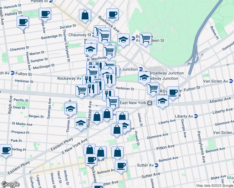 map of restaurants, bars, coffee shops, grocery stores, and more near 1892 Eastern Parkway in Brooklyn