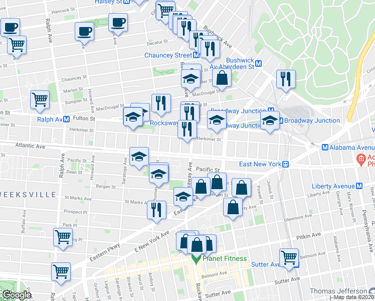 map of restaurants, bars, coffee shops, grocery stores, and more near 180 Rockaway Avenue in Brooklyn