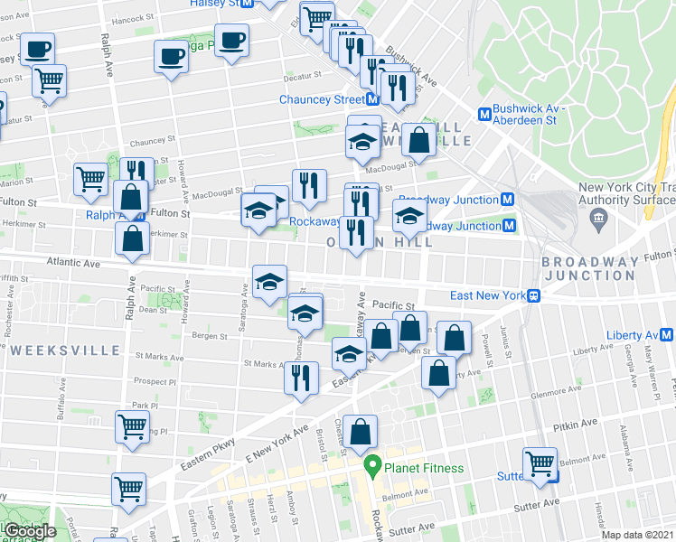 map of restaurants, bars, coffee shops, grocery stores, and more near 19 Marconi Place in Brooklyn