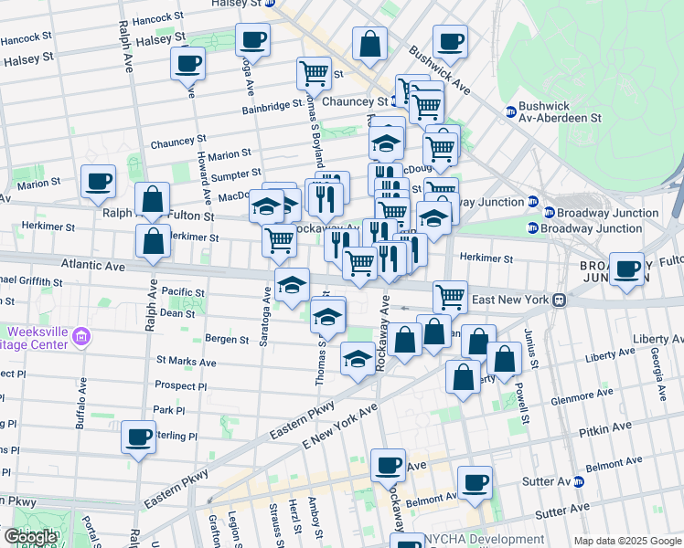 map of restaurants, bars, coffee shops, grocery stores, and more near 19 Marconi Place in Brooklyn