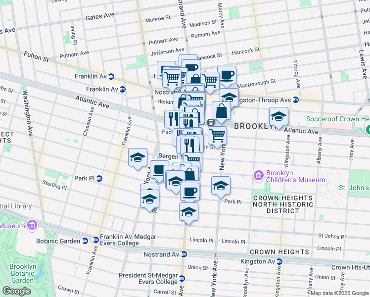 map of restaurants, bars, coffee shops, grocery stores, and more near 628 Nostrand Avenue in Brooklyn