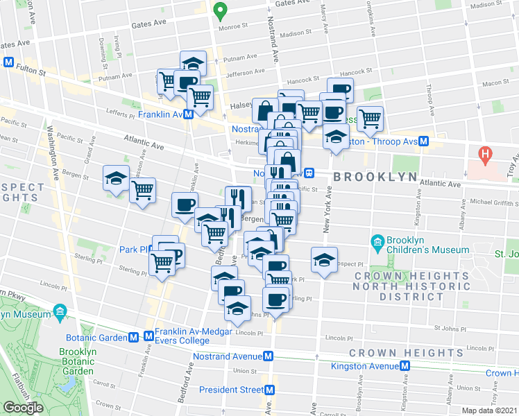 map of restaurants, bars, coffee shops, grocery stores, and more near 1147 Dean Street in Brooklyn