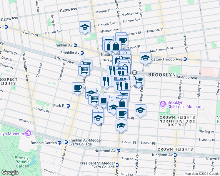 map of restaurants, bars, coffee shops, grocery stores, and more near 1147 Dean Street in Brooklyn