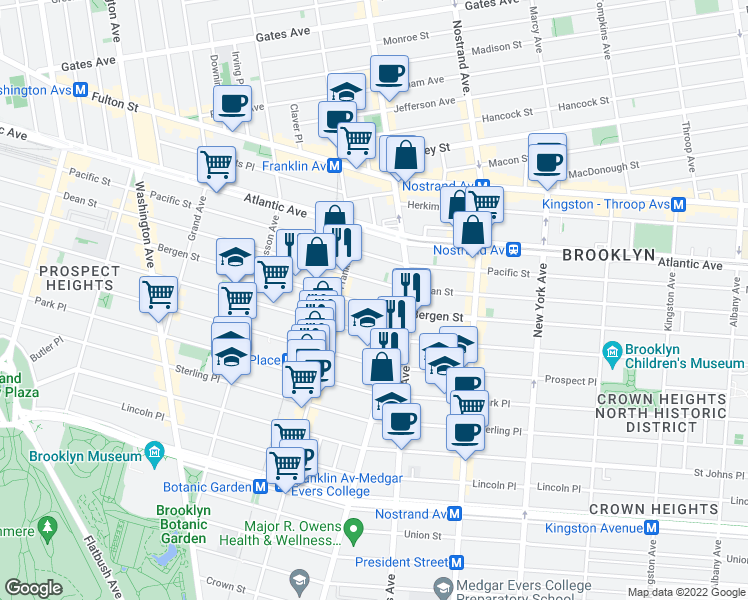 map of restaurants, bars, coffee shops, grocery stores, and more near 1076 Dean Street in Brooklyn